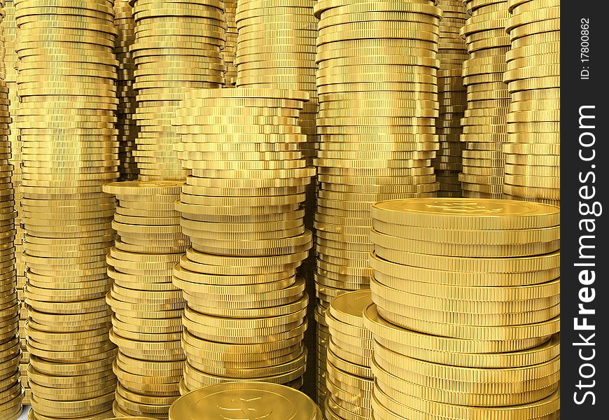 Piles of golden coins. Dollars. Close-up. Piles of golden coins. Dollars. Close-up