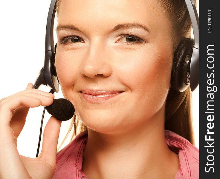 Portrait of friendly secretary/telephone operator wearing headset isolated over white background