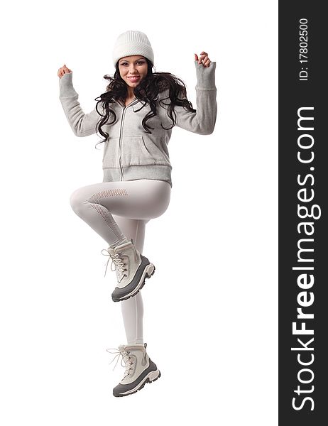 Caucasian woman dynamic jump portrait isolated studio on white background