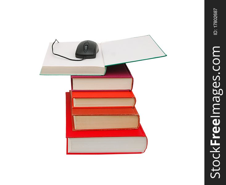 School textbook and computer mouse, online learning