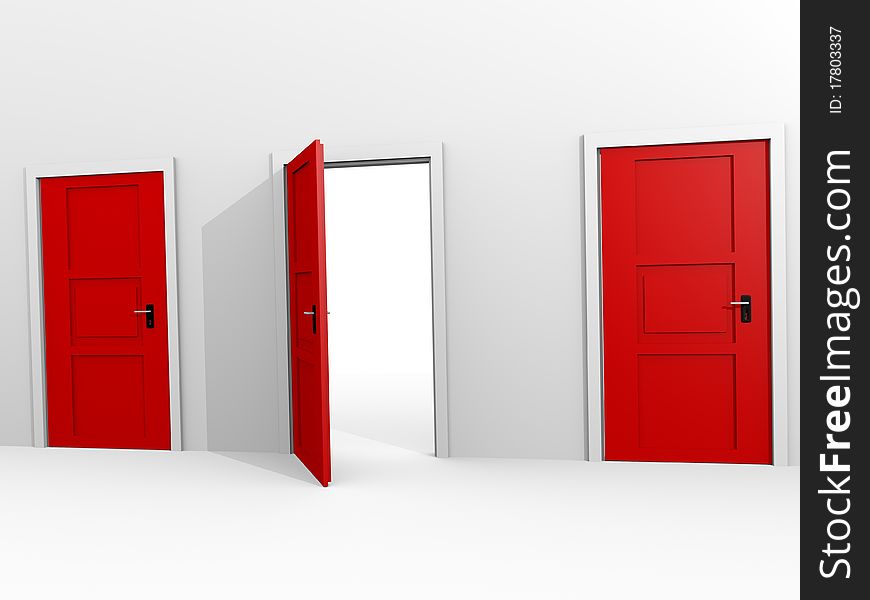 Three Open Doors colored in red with a grey frame.