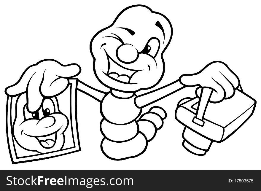 Worm Photographer - Black and White Cartoon illustration, Vector