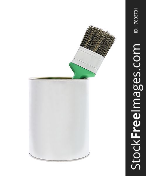 Paint can with a green brush isolated on white background. Paint can with a green brush isolated on white background