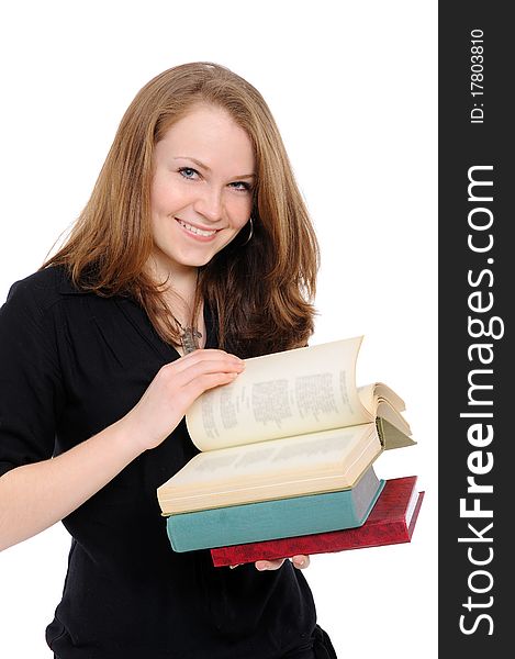 Young girl with long hair and book on a white background