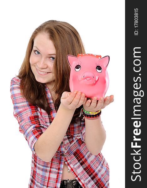 Young beautiful woman standing with piggy bank (money box), isolated on white background. Young beautiful woman standing with piggy bank (money box), isolated on white background