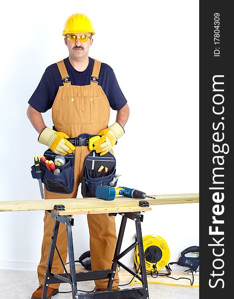 Mature contractor working. Over white background