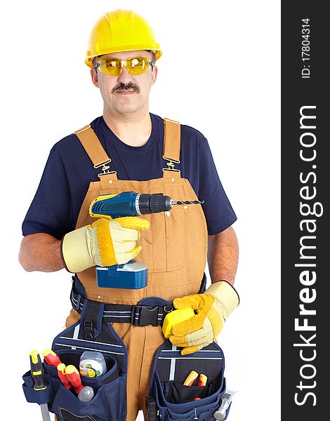 Mature contractor with a drill. Over white background