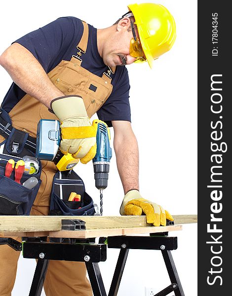 Mature contractor with a drill. Over white background. Mature contractor with a drill. Over white background