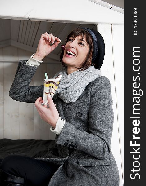 Happy Woman Enjoying Sweet, Outdoors