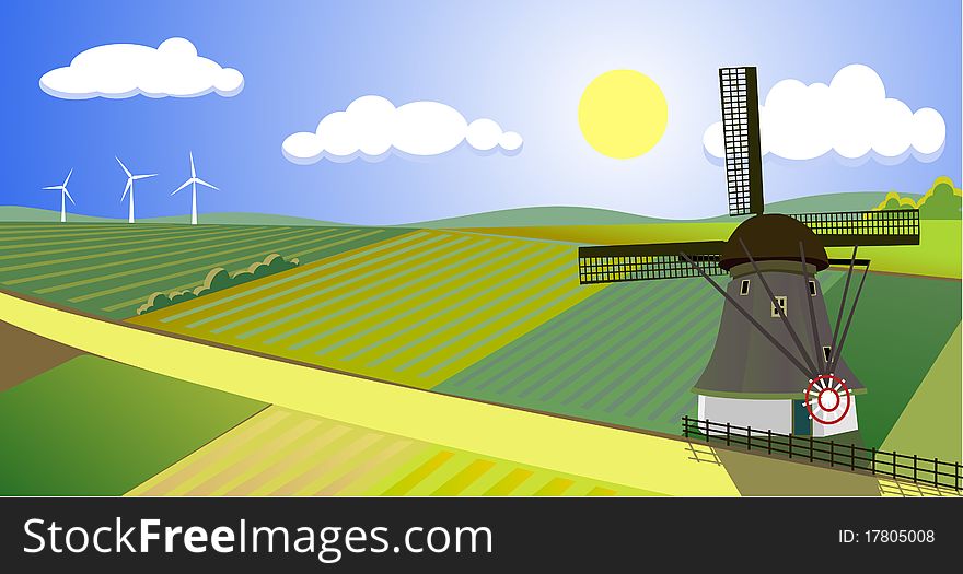 Beautiful rural landscape with windmills. Beautiful rural landscape with windmills