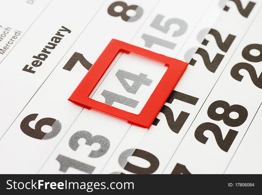 Sheet of wall calendar with red mark on 14 February - Valentines day. Sheet of wall calendar with red mark on 14 February - Valentines day