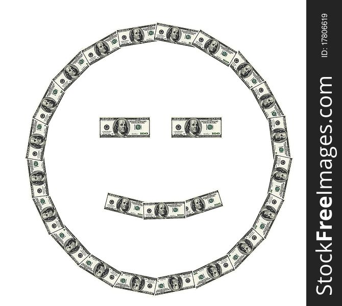 Smiling face made from 100 dollars bills isolated on white. Smiling face made from 100 dollars bills isolated on white