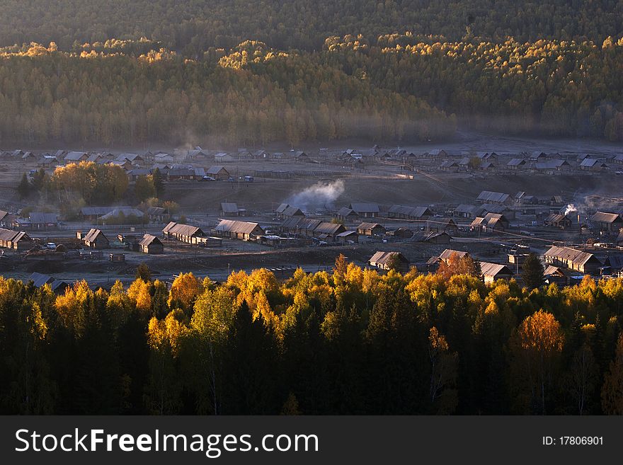 A small village in the valley.morning,Xingjiang province,China.