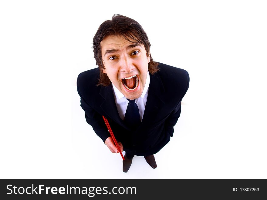 Excited mature business man screaming in victory on white background