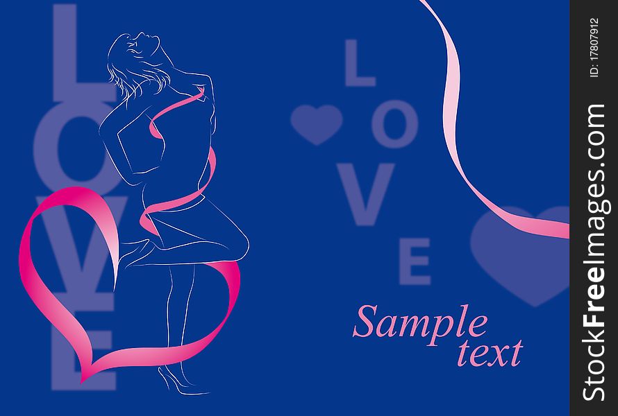 Contour of the girls on a blue background with a pink ribbon and heart