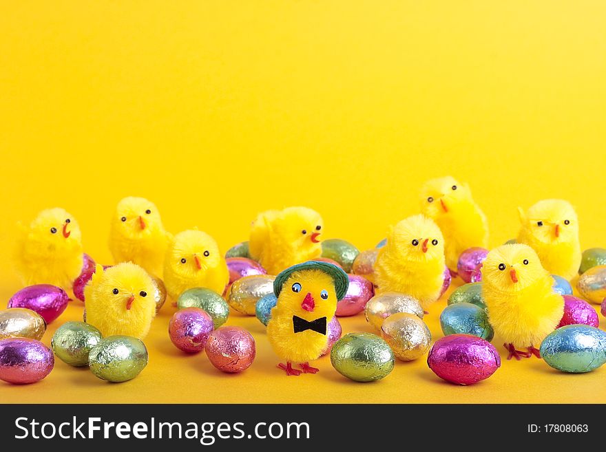 Easter eggs and over yellow background. Easter eggs and over yellow background