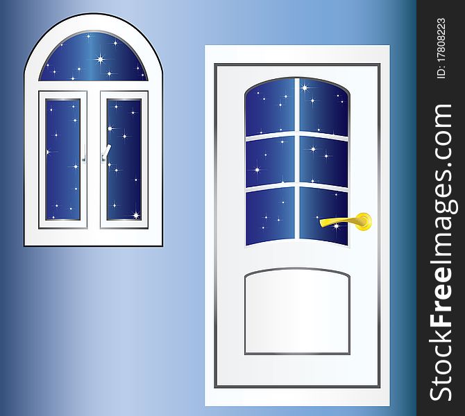 White door and window to the background of a starry sky. White door and window to the background of a starry sky.