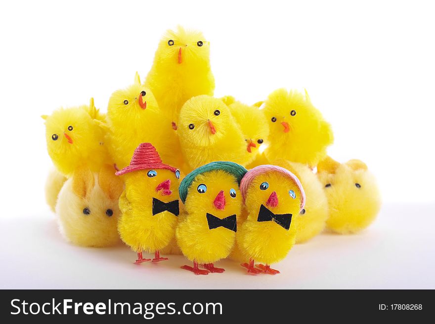 Easter chick eggs over white background