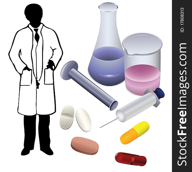 Medical flask, syringe, tablets and a silhouette of a doctor on a white background. Medical flask, syringe, tablets and a silhouette of a doctor on a white background.