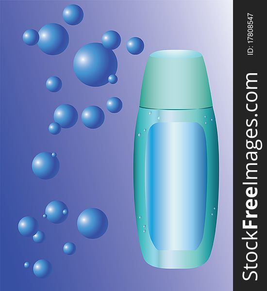 Bottle of shampoo on a blue background with the balls.