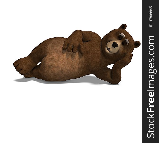 Cute and funny toon bear. 3D rendering with clipping path and shadow over white