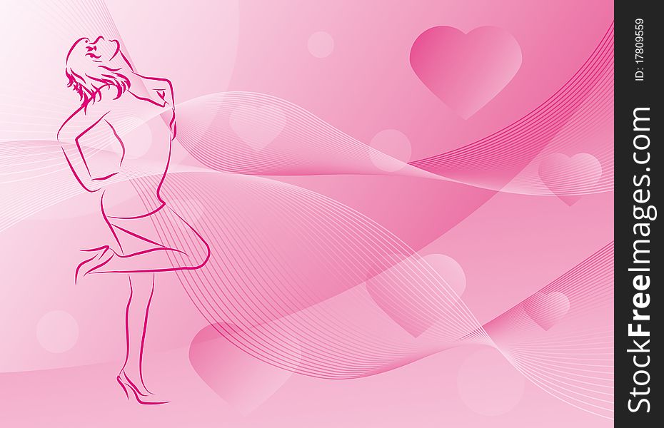 Contour of the girls on a pink background with a heart