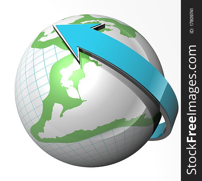 Globe surrounded by blue arrow. 3d computer modeling. Globe surrounded by blue arrow. 3d computer modeling