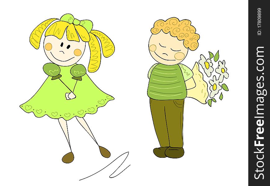 Girl and boy with a bouquet of flowers. Girl and boy with a bouquet of flowers