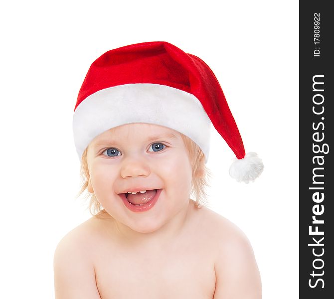 Laughing cute baby girl in Santa hat isolated on white