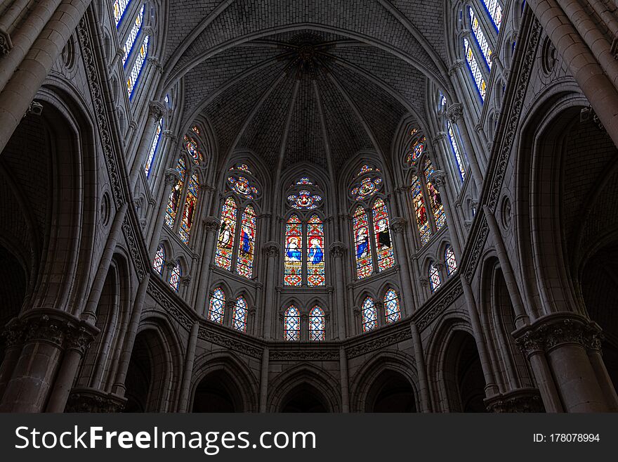 Photography of Cholet`s Cathedral chancel. Chancel of a Cathedral in France, 2020.