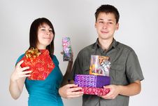 Happy Man And Girl Holding Many Gifts Stock Images Happy Man And Girl Holding Many Gifts Stock Images