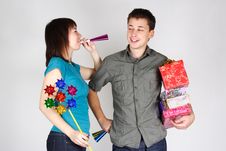 Happy Man And Girl Holding Many Gifts Royalty Free Stock Image
