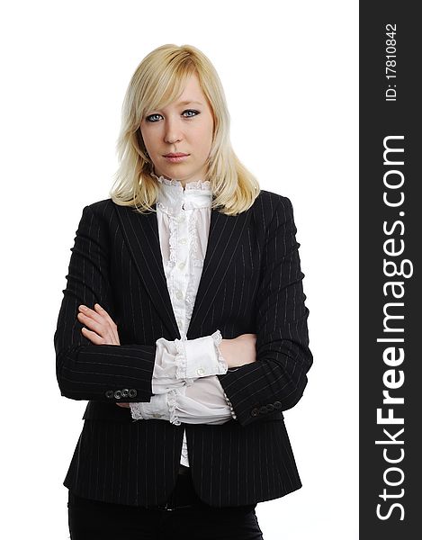 A portrait of a young woman in black suit. A portrait of a young woman in black suit