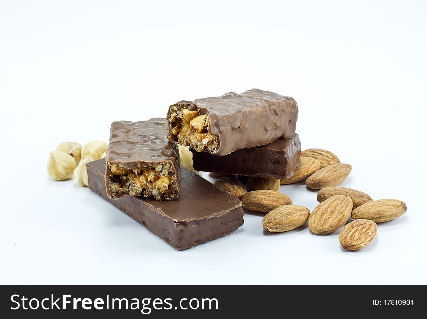 Chocolate bars on white background