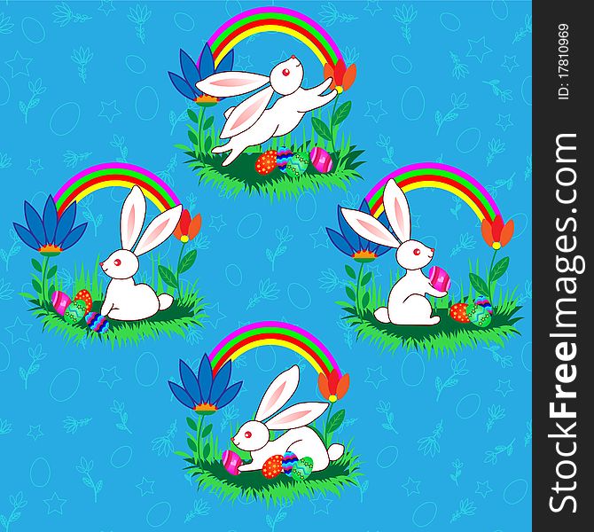 Easter cute cartoon Bunnyes with eggs on cartoon landscape with rainbow. Easter cute cartoon Bunnyes with eggs on cartoon landscape with rainbow.