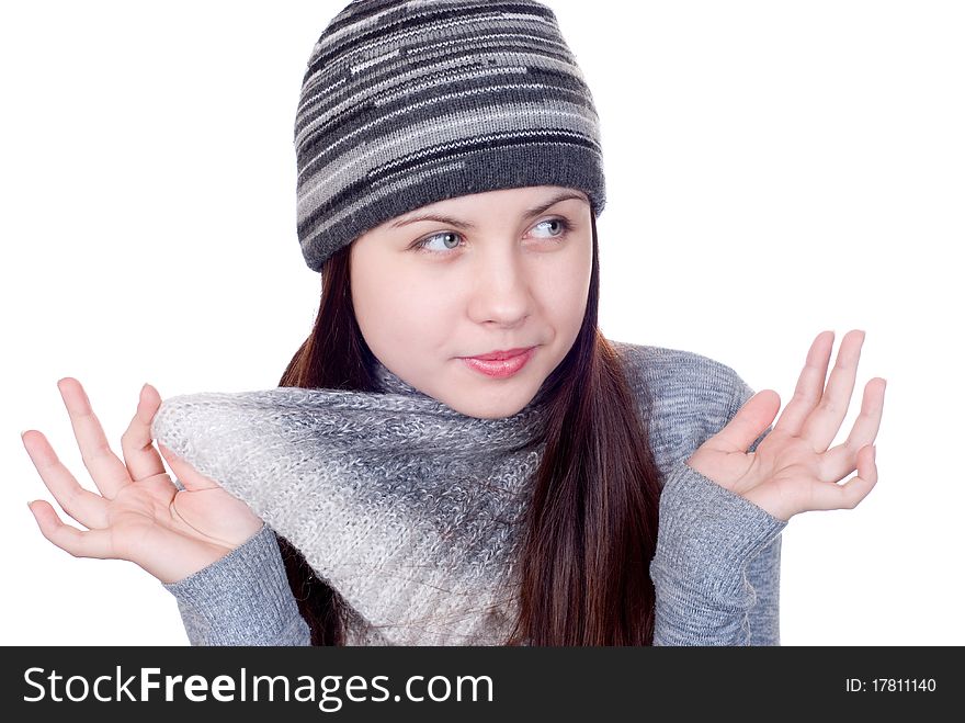 The girl in a scarf on white a background