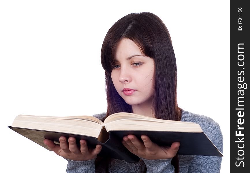 The girl with the book on a white background