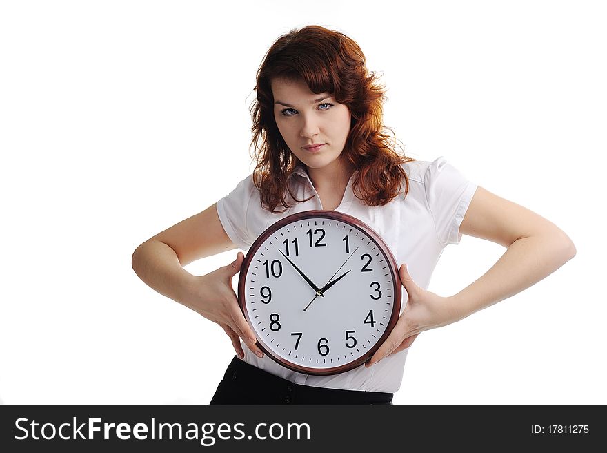 An image of a young woman with a clock. An image of a young woman with a clock