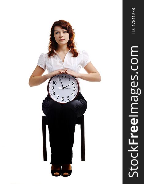 An image of a woman holding a big clock. An image of a woman holding a big clock