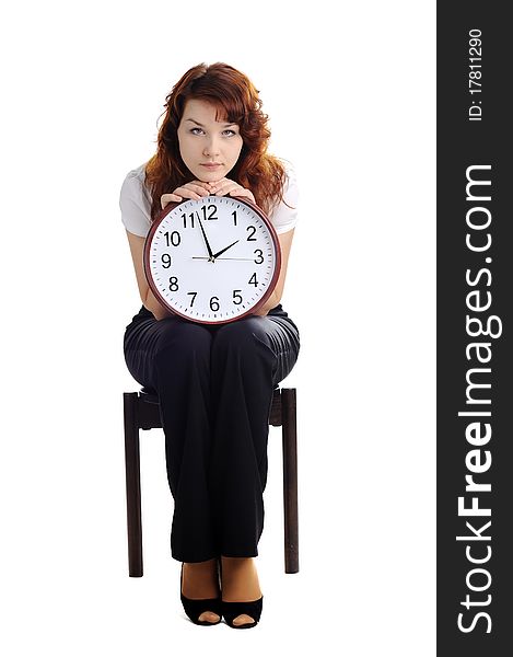 An image of a woman holding a big clock. An image of a woman holding a big clock