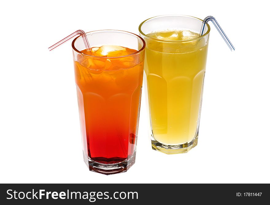 Closeup on a white background with two glasses of drinks. Closeup on a white background with two glasses of drinks