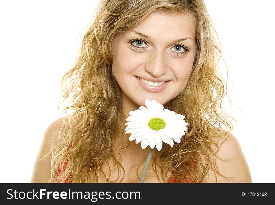 Portrait of Fresh and Beautiful woman with flower isolated on white