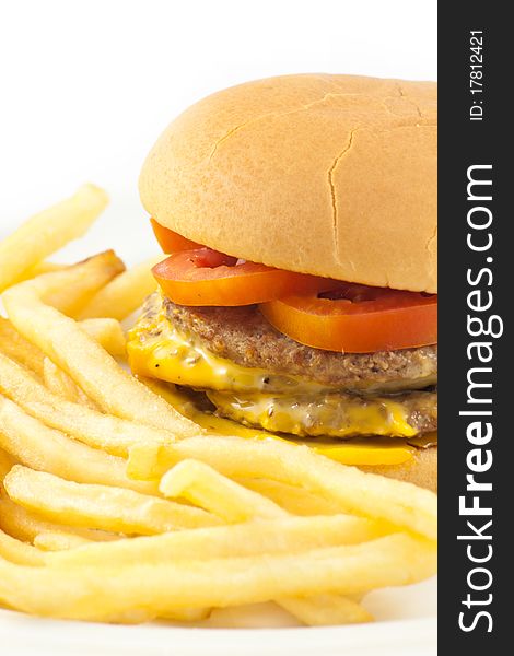 Beef and cheese Burger with french fries on white background. Beef and cheese Burger with french fries on white background