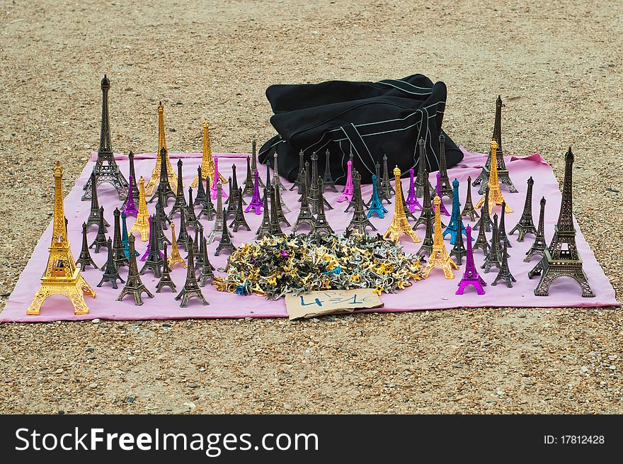 Unauthorized replicas of eiffel tower sold by stallholders  for the tourists in Paris. Unauthorized replicas of eiffel tower sold by stallholders  for the tourists in Paris