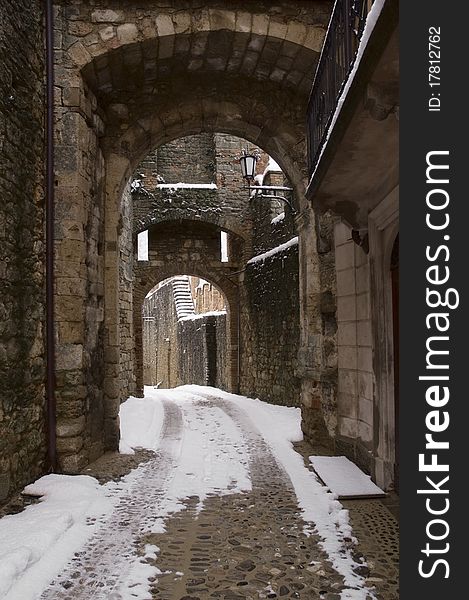 Vigoleno, old village in Italy, in winter under the snow. Vigoleno, old village in Italy, in winter under the snow