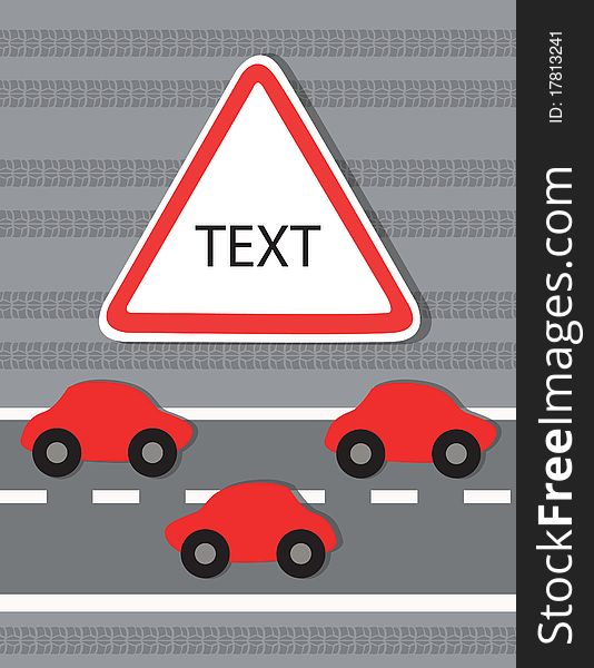 Sign-board on a grey background with red cars. Sign-board on a grey background with red cars