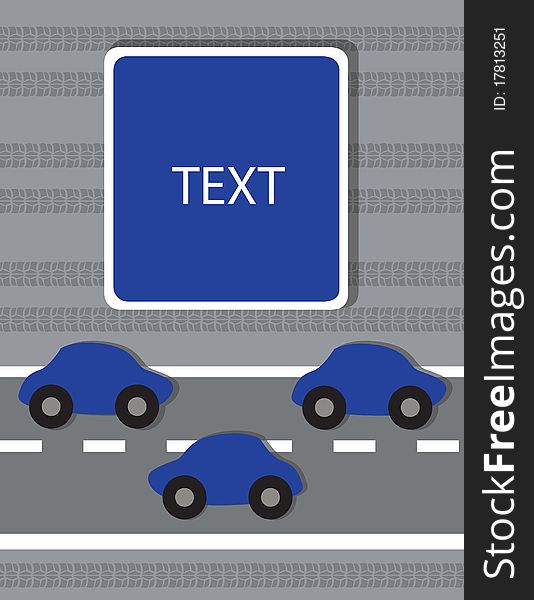 Sign-board on a grey background with dark blue cars. Sign-board on a grey background with dark blue cars