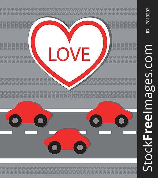 Sign-board love on a grey background with red cars. Sign-board love on a grey background with red cars