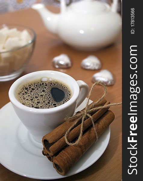 coffee beans and cinnamon sticks