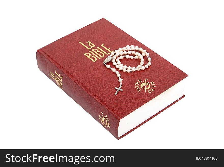 Pearl Rosary And Holy Bible On White Background